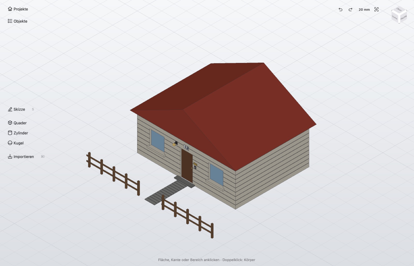 MektriX x CAD mit einem Musterhaus im Maßstab 1:50: Satteldach, Tür, Fenster, Zaun und Plattenweg